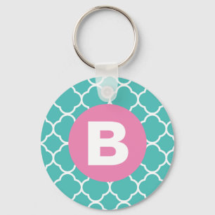 Porte-clés Motif Quatrefeuille Sarcelle Monogramme Rose Perso