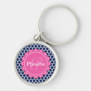 Porte-clés Motif rose moderne Fleur Monogram Blue Polka Dot