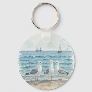 Porte-clés Mouettes d'aquarelle à la plage sur mesure côtière