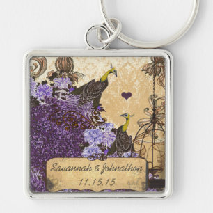 Porte-clés musical vintage aubergine paon damassé