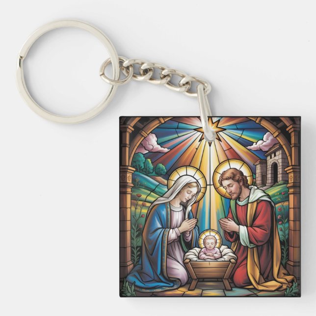 Porte-clés Nativity Stained Glass Art – Holy Family Christmas (Devant)