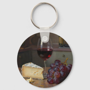 Porte-clés Nature morte réaliste au vin rouge, fromage et rai