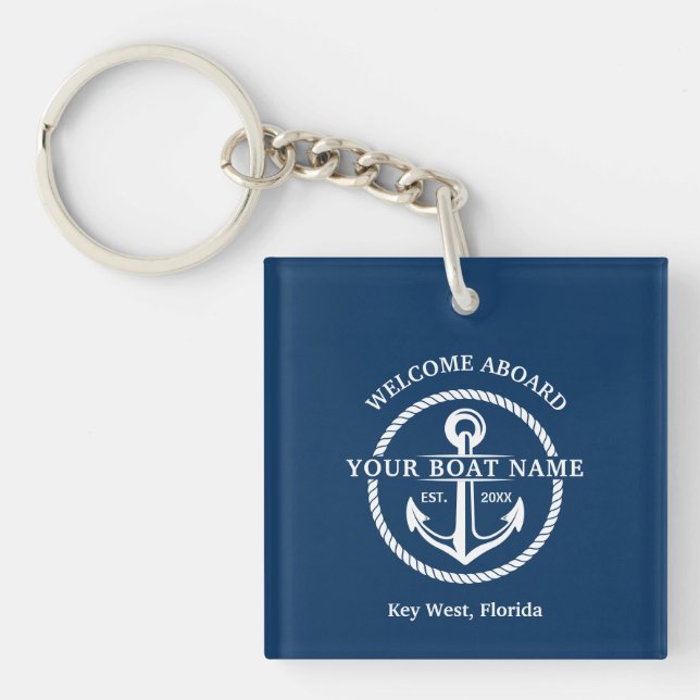 Porte-clés Nautical Navy Blue Welcome Aboard Nom du bateau An (Devant)