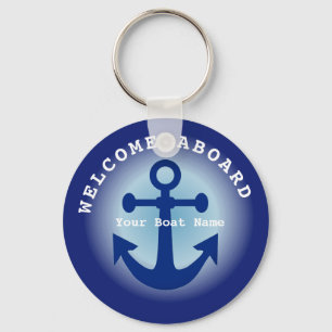 Porte-clés Nautical Navy Blue Welcome Aboard Nom du bateau An