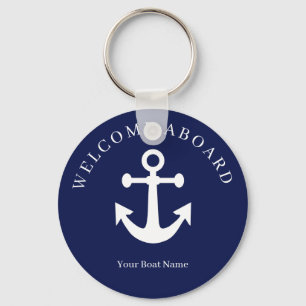 Porte-clés Nautical Navy Blue Welcome Aboard Nom du bateau An