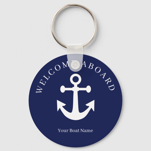 Porte-clés Nautical Navy Blue Welcome Aboard Nom du bateau An (Recto)
