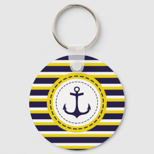 Porte-clés Nautical Navy Blue Yellow Stripes Anchor Design