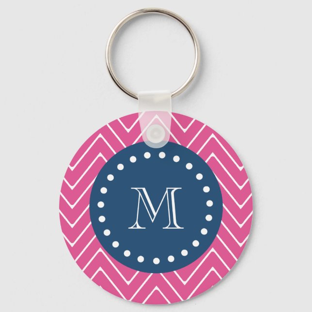 Porte-clés Navy Blue, Hot Pink Chevron | Votre monogramme (Recto)