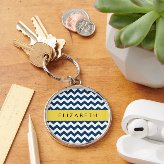 Porte-clés Navy Blue Zigzag, Navy Blue Chevron, Votre nom (Bureau)