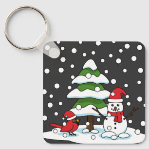 Porte-clés Neige tombant sur Cardinal, Snowman et Pine Tree