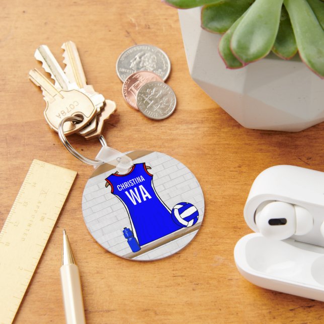 Porte-clés Netball personnalisé Uniforme bleu avec rouge et b (Bureau)