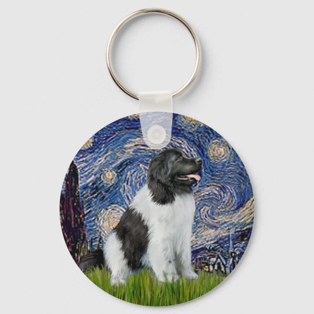 Porte-clés Newfie Landseer - Nuit étoilée (Recto)