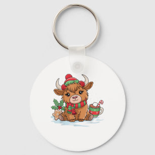 Porte-clés Noël Highland Cow Cute Heifer Cow Santa Hat M
