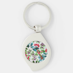 Porte-clés Noël hiver Bois Nature Holly Berry Pinecones