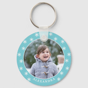 Porte-clés Noël Snowflakes Nom photo Blue