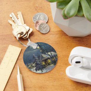 Porte-clés Noël Vintage, Église d'hiver en Neige avec Lune