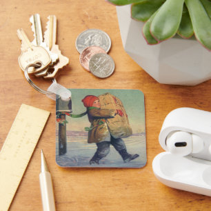 Porte-clés Noël vintage, enfant avec gros colis