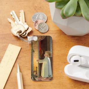 Porte-clés Noël vintage, enfant se réchauffant près de la che