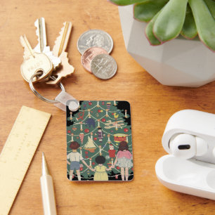 Porte-clés Noël vintage Enfants autour d'un arbre décoré