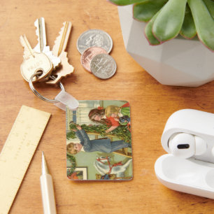 Porte-clés Noël vintage, enfants victoriens décorant