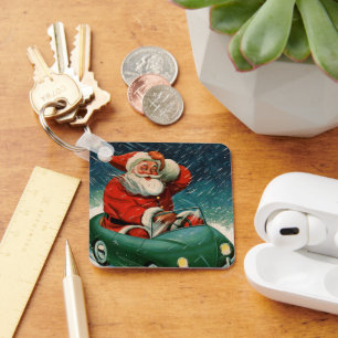Porte-clés Noël vintage, le Père Noël dans une jolie voiture