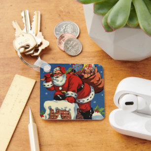 Porte-clés Noël vintage, Père Noël descendant la cheminée ave