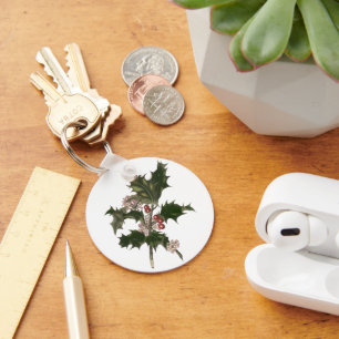 Porte-clés Noël vintage, plante de houx vert avec baies