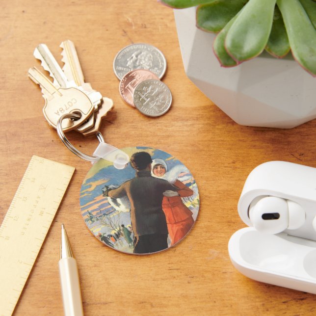 Porte-clés Noël Vintage, Romantique Couple Patinage sur glace (Bureau)