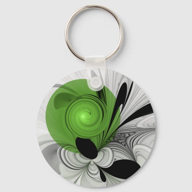 Porte-clés Noir Abstrait et blanc avec art fractal vert (Recto)
