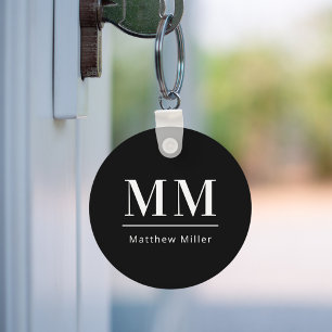 Porte-clés Noir blanc monogramme initiales nom minimaliste