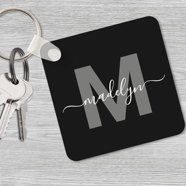 Porte-clés Noir Blanc Monogramme Nom (Black White Name Monogram keychain)