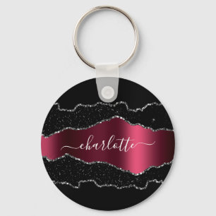 Porte-clés Noir bordeaux agate marbre nom script