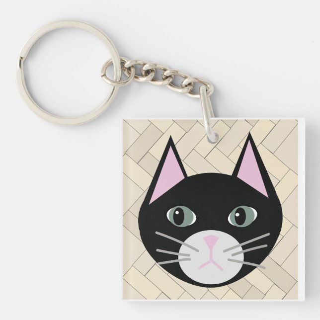 Porte-clés Noir Chat Herringbone Beige (Devant)
