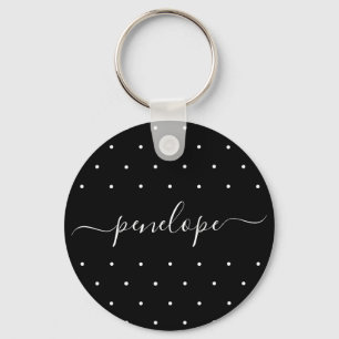 Porte-clés Noir et blanc avec points et typographie de nom