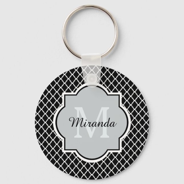 Porte-clés Noir et blanc moderne Quatrefoil Nom monogramme (Recto)