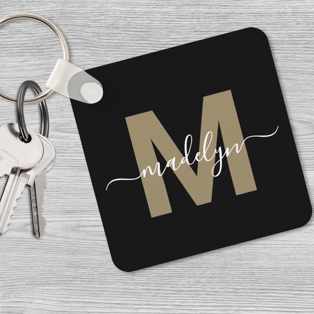 Porte-clés Noir Gold Nom Élégant Monogramme (Black Gold Elegant Name Monogram keychain)