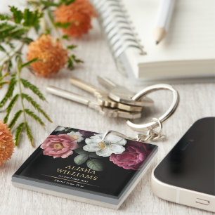 Porte-clés Noir Luxe Floral Or Personnalisé