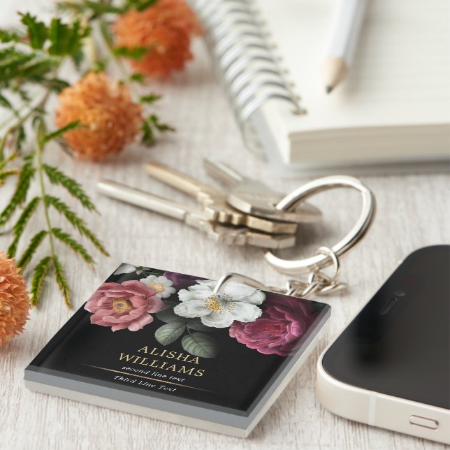 Porte-clés Noir Luxe Floral Or Personnalisé (Devant Droit)