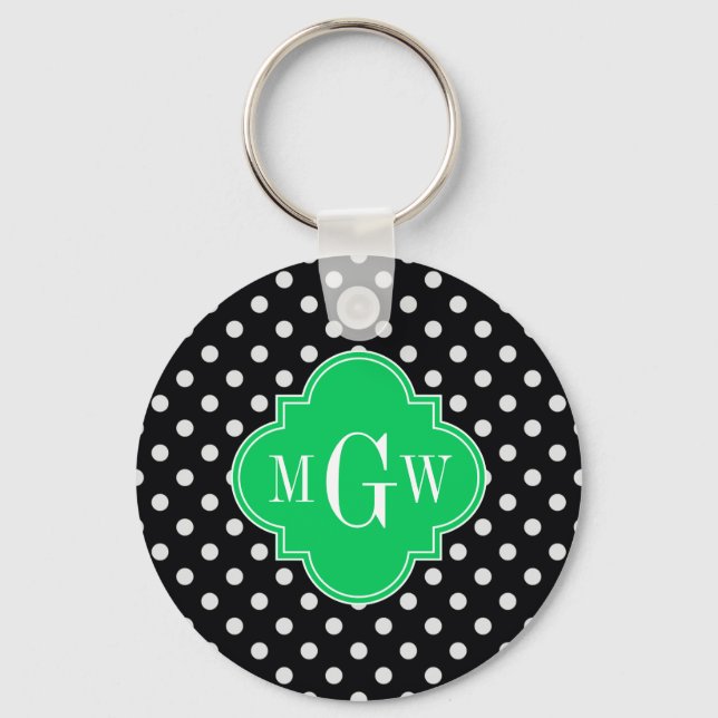 Porte-clés Noir Polka Dot Emerald Quatrefoil 3 Monogramme (Recto)