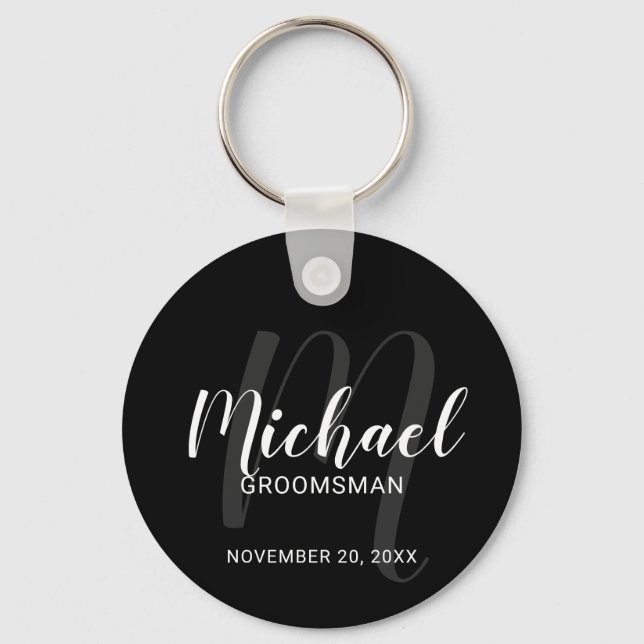 Porte-clés Noir Script moderne Groomsmen personnalisé (Recto)