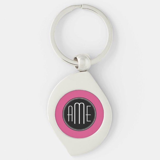 Porte-clés Noir solide et rose chaud avec Monogramme (Devant)