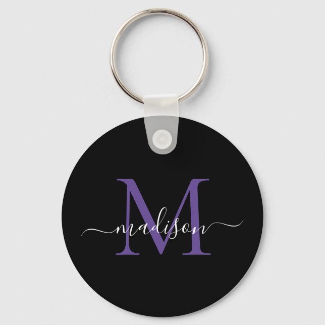Porte-clés Noir Violet Monogramme Nom Élégant Script (Recto)