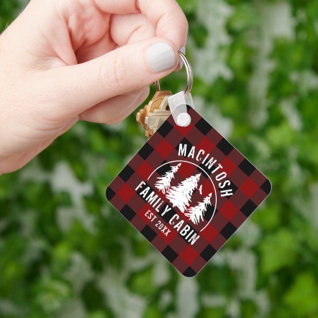 Porte-clés Nom de famille du cabine Red Black Buffalo Plaid (main)