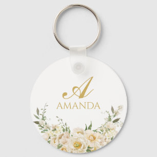 Porte-clés Nom de la Personnaliser Gold & White Flower