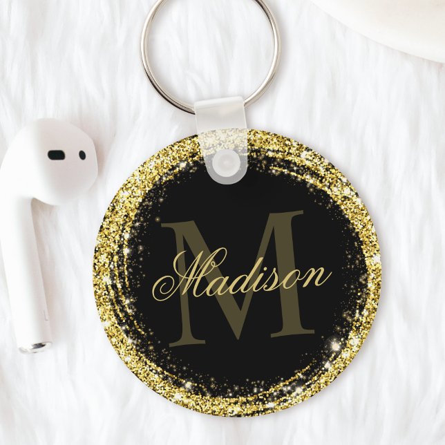 Porte-clés Nom de monogramme pailleté or noir glamour (Créateur téléchargé)