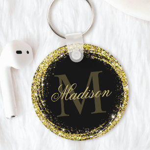 Porte-clés Nom de monogramme paillettes or noir glamour