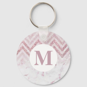 Porte-clés Nom de personnalisation du Marbre blanc rose monog