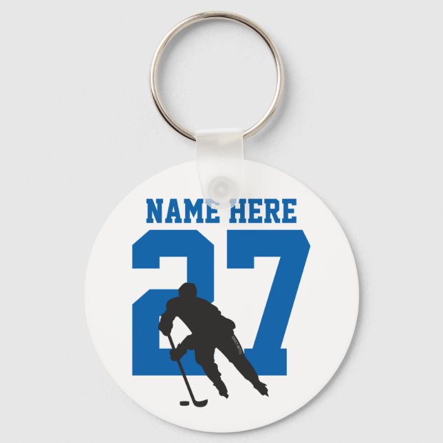 Porte-clés Nom du joueur de hockey personnalisé Numéro bleu (Recto)