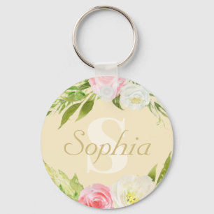 Porte-clés Nom du monogramme Aquarelle rose jaune Floral