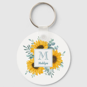 Porte-clés Nom du monogramme de tournesol Floral personnalisé